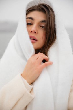 Beyaz önlüklü ve eşarplı gülümseyen genç kadın gölün kenarında karlı bir kış gününün tadını çıkarıyor. Yumuşak kar yağışı ve doğal güzelliği olan zarif, rahat ve huzurlu bir atmosfer..