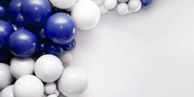 Sağında temiz negatif alan olan mavi, beyaz ve gümüş tonlarda modern balon duvarı. Markalaşma, kutlamalar, planlar ve tasarım modelleri için minimal şenlik arka planı mükemmeldir..
