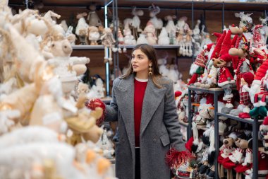 Depodaki oyuncaklara göz atan genç bir kadın. Çeşitli yumuşak figürlerle ve rahat kış atmosferiyle kapalı perakende satış sahnesi.