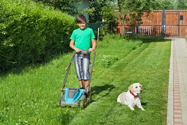 Garçon coupe herbe dans la cour d'été — Photo