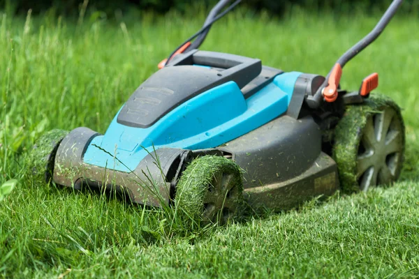 Blauer Rasenmäher mäht Gras - Nahaufnahme — Stockfoto