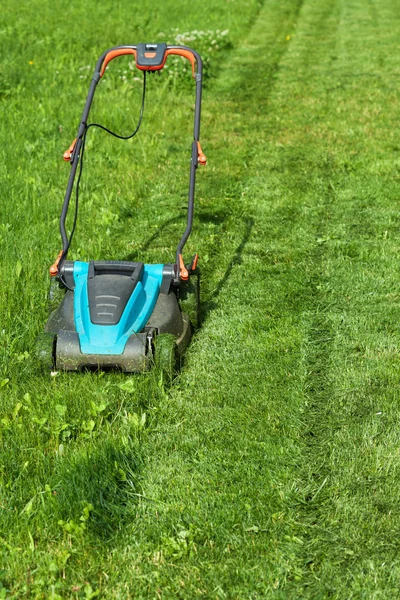 Freshly cut grass strips and blue lawnmower — Stock Photo, Image