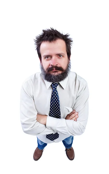 Hombre con pelo gracioso y barba espesa mirando hacia arriba —  Fotos de Stock