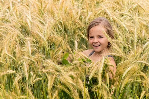 Jong meisje onder de rijping korrels van een tarweveld — Stockfoto