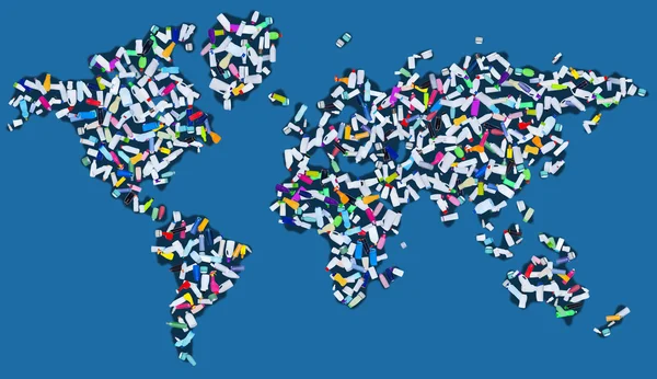 Polluting the world - continents covered with scattered plastic — Stock Photo, Image