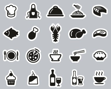 Öğle Yemeği veya Restoran Öğlen Yemeği Simgeleri Siyah & Beyaz Etiketler Büyük Ayarla