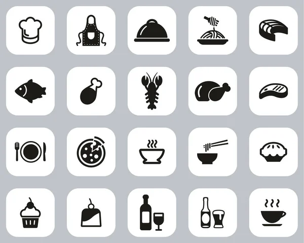 Lunch Restaurant Lunch Icons Schwarz Weiß Flaches Design Set Big — Stockvektor