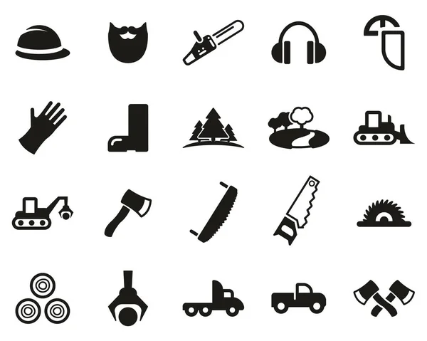 Leñador Logger Iconos Negro Blanco Conjunto Grande — Vector de stock