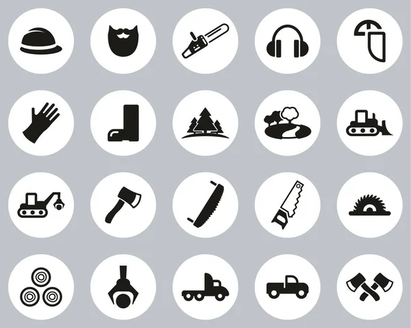 Lumberjack Logger Icons Black White Flat Design Circle Set Big — 스톡 벡터