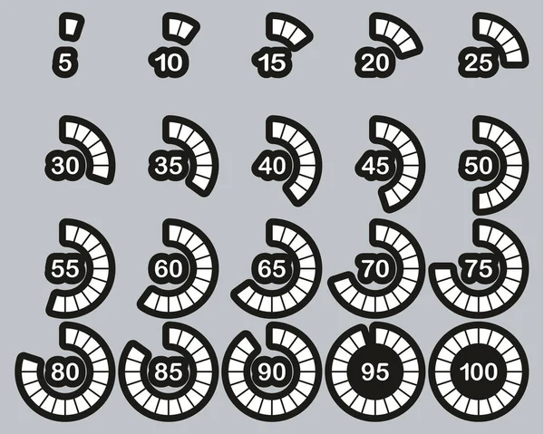 Loading Percentage Icons Weiß Auf Schwarzem Aufkleber Set Big — Stockvektor