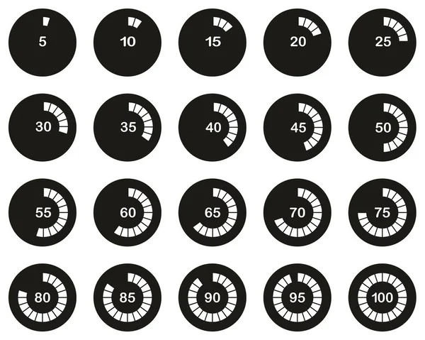 Loading Percentage Icons Weiß Auf Schwarz Flat Design Circle Set — Stockvektor