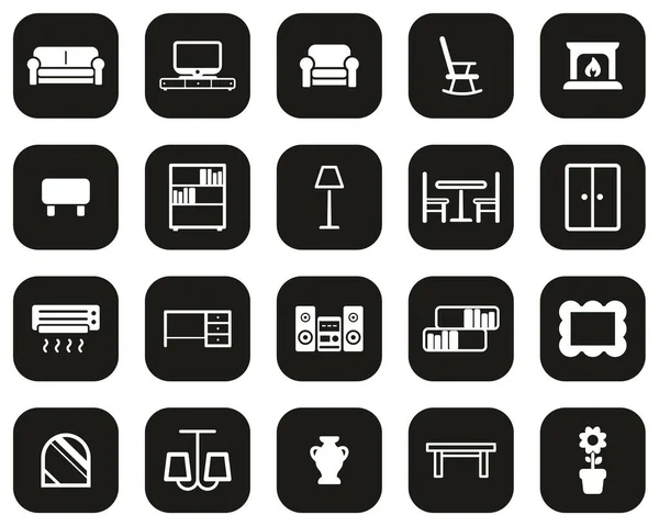 Sala Estar Muebles Iconos Blanco Negro Plano Diseño Conjunto Grande — Vector de stock