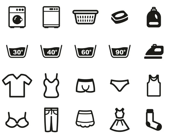 Wäsche Oder Wäsche Waschen Ikonen Schwarz Weiß Set Big — Stockvektor