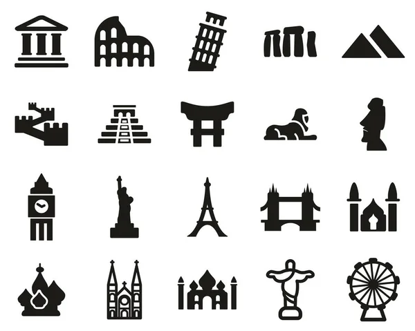 Landmarks World Icons Μαύρο Λευκό Σετ Μεγάλο — Διανυσματικό Αρχείο