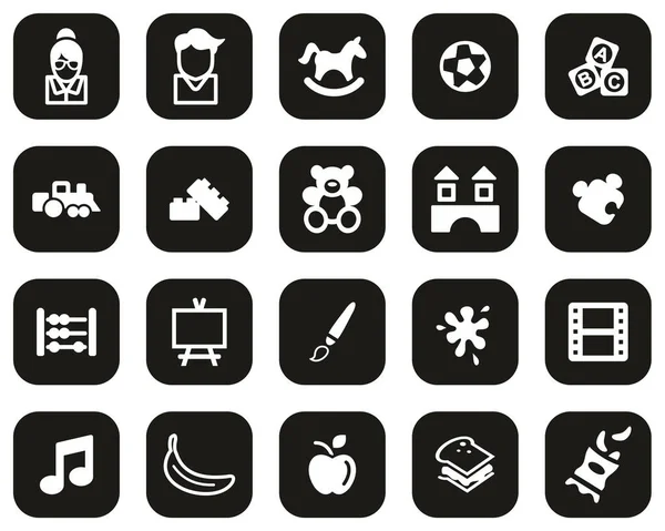 Guardería Cuidado Día Iconos Blanco Negro Plano Diseño Conjunto Grande — Archivo Imágenes Vectoriales