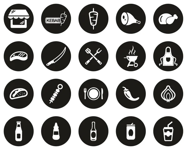 Iconos Tienda Kebab Kebab Blanco Negro Diseño Plano Círculo Conjunto — Vector de stock