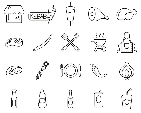 Kebab Kebab Shop Icons Black White Thin Line Set Big — Stockvektor