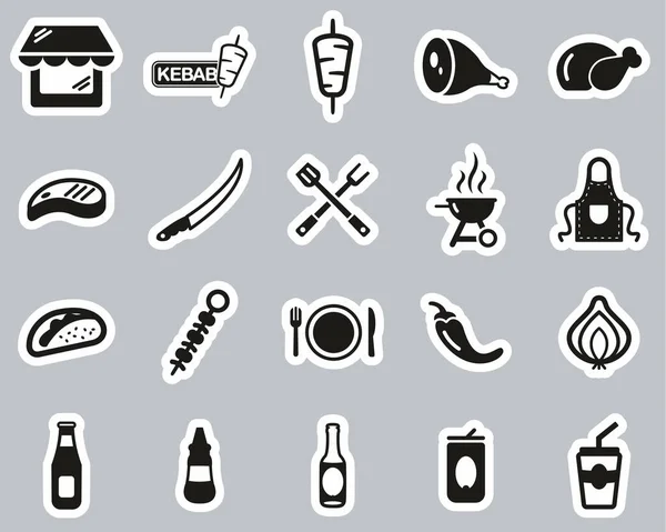 Iconos Tienda Kebab Kebab Etiqueta Engomada Blanco Negro Grande — Vector de stock