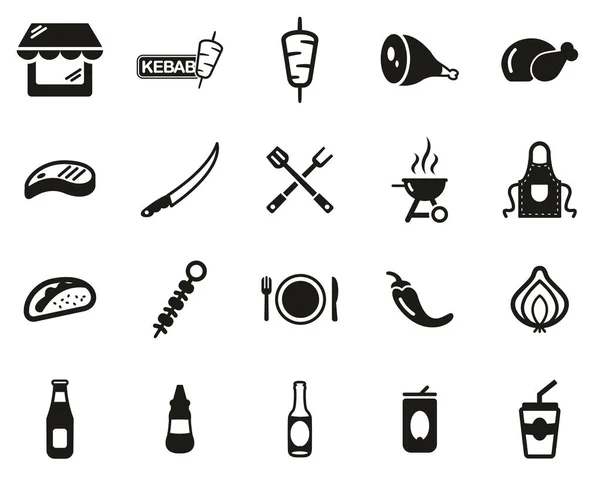 Kebab Kebab Shop Iconos Blanco Negro Conjunto Grande — Vector de stock