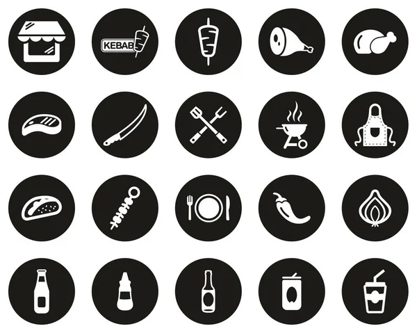 Kebab Kebab Shop Icons White Black Flat Design Circle Set — Stock Vector