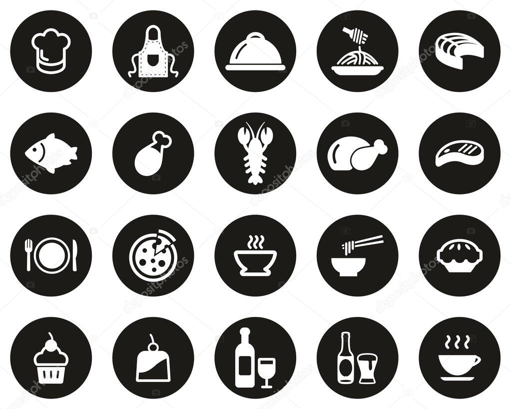 Lunch Or Restaurant Lunch Icons White On Black Flat Design Circle Set Big