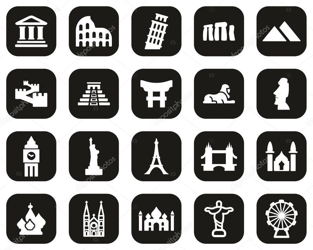 Landmarks Of The World Icons White On Black Flat Design Set Big