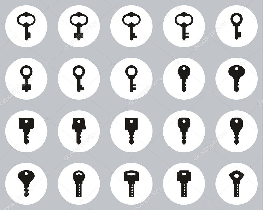 Keys Or Various Shapes Of Keys Icons Black & White Flat Design Circle Set Big