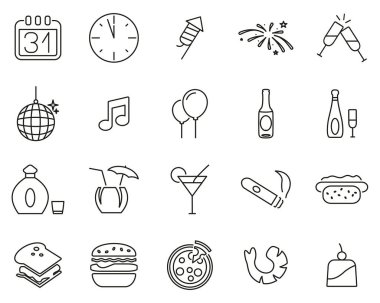 Yeni Yıl Arifesi veya Yeni Yıl Partisi Simgeleri Siyah & Beyaz İnce Çizgisi Büyük