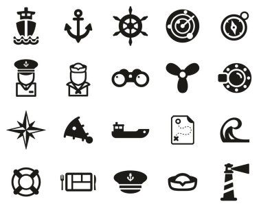 Denizcilik Gemisi & Ekipman Simgeleri Siyah & Beyaz Set Büyük