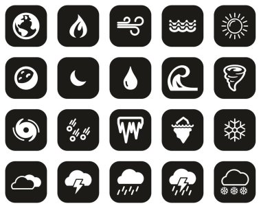 Doğa Elementleri Simgesi Siyah Düz Dizayn Üzerine Beyaz Seti Büyük