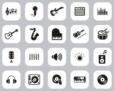 Müzik veya Müzik Stüdyosu Ekipmanları Simgeleri Siyah & Beyaz Düz Tasarım Büyük