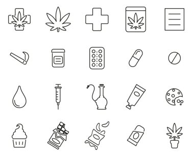Tıbbi Marihuana Simgeleri Siyah & Beyaz İnce Çizgi Büyük Ayarlandı