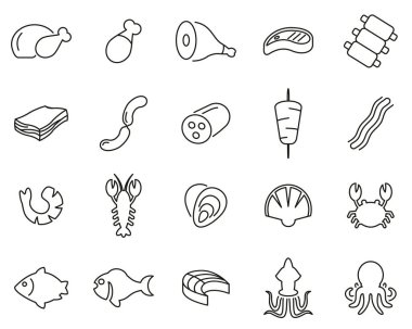 Et ve Deniz Ürünleri Simgeleri Siyah & Beyaz İnce Çizgi Büyük Ayarlandı