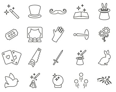 Sihirli & İllüzyon Simgeleri Siyah & Beyaz İnce Çizgi Büyük Ayarlandı