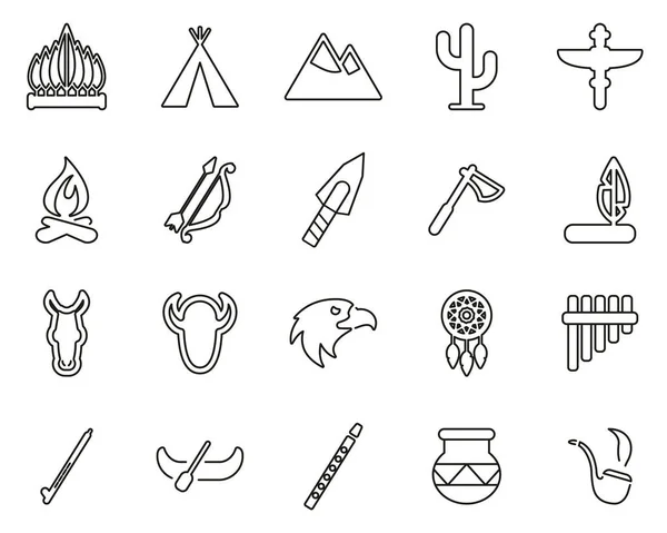 Native American Culture Icons Black White Thin Line — стоковый вектор