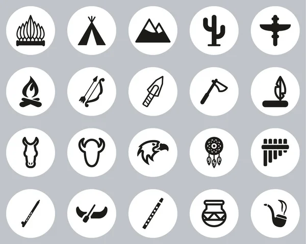 Знаки Культуры Коренных Американцев Черно Белый Плоский Дизайн Круг Set — стоковый вектор