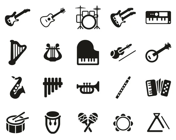 Instrumentos Musicales Iconos Blanco Negro Set Grande — Archivo Imágenes Vectoriales