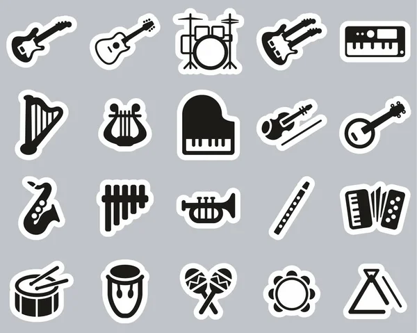 Instrumentos Musicales Iconos Blanco Negro Conjunto Etiquetas Engomadas Grande — Archivo Imágenes Vectoriales