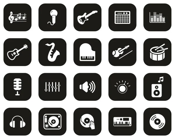 Музыка Музыкальная Студия Оборудование Иконы Белого Черной Плоской Конструкции Набор — стоковый вектор