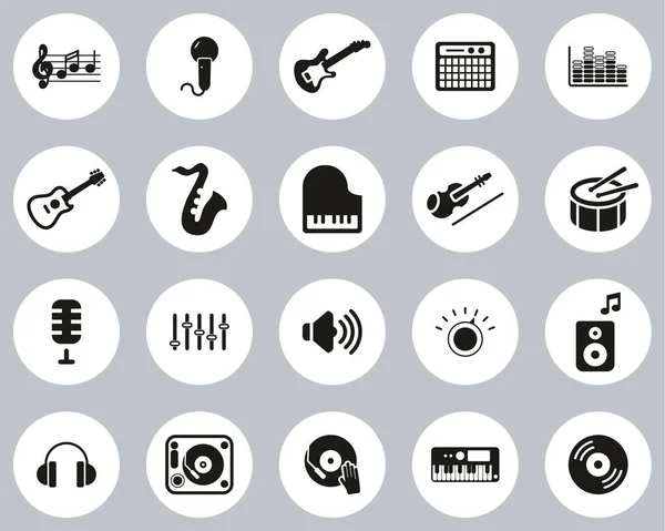 Музыка Музыкальная Студия Оборудование Icons Черно Белый Плоский Дизайн Круг — стоковый вектор