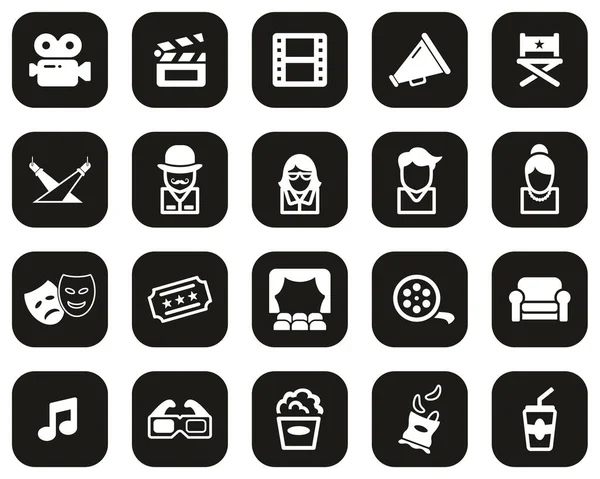 Iconos Industria Cinematográfica Cinematográfica Blanco Negro Plano Diseño Conjunto Grande — Vector de stock