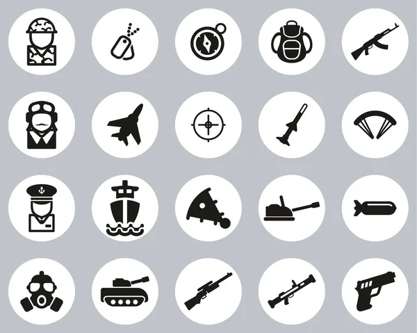 Military Army Icons Black White Flat Design Circle Set Big — Stock Vector