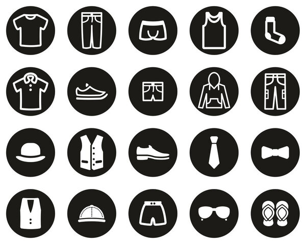 Men s Clothing & Accessories Icons White On Black Flat Design Circle Set Big