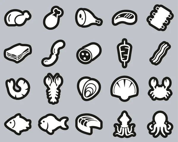 Meat Seafood Icons White Black Sticker Set Big — Stockvektor