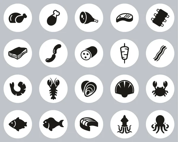 Meat Seafood Icons Black White Flat Design Circle Set Big — 스톡 벡터