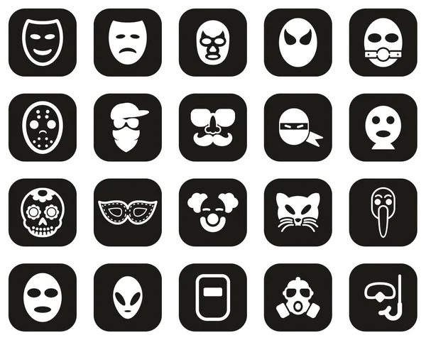 Máscara Disfraz Iconos Blanco Negro Plano Diseño Conjunto Grande — Vector de stock