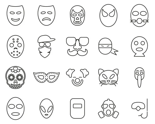 Máscara Disfraz Iconos Blanco Negro Delgada Línea Conjunto Grande — Vector de stock