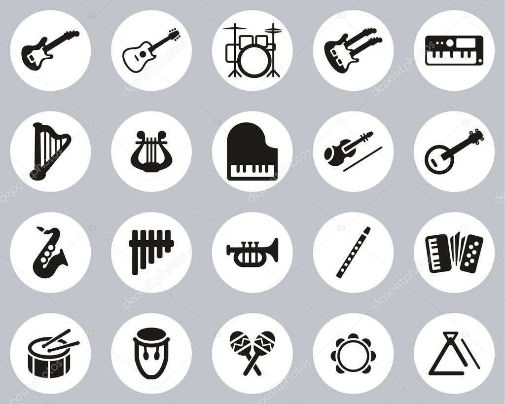 Musical Instruments Icons Black & White Flat Design Circle Set Big