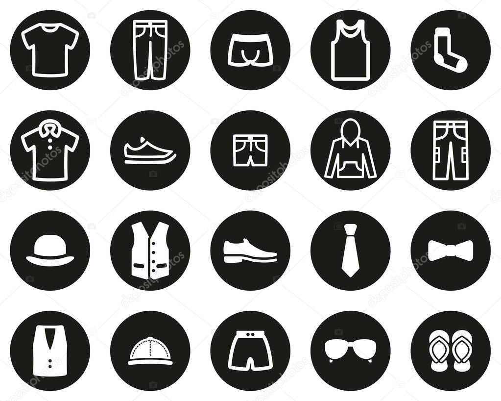Men s Clothing & Accessories Icons White On Black Flat Design Circle Set Big