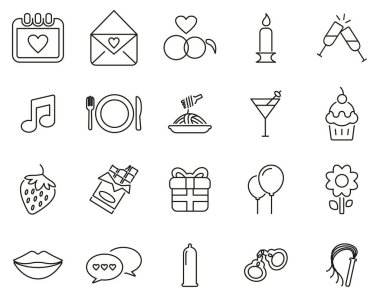 Romantik ya da Kur Simgeleri Siyah & Beyaz İnce Çizgi Büyük Ayarlandı